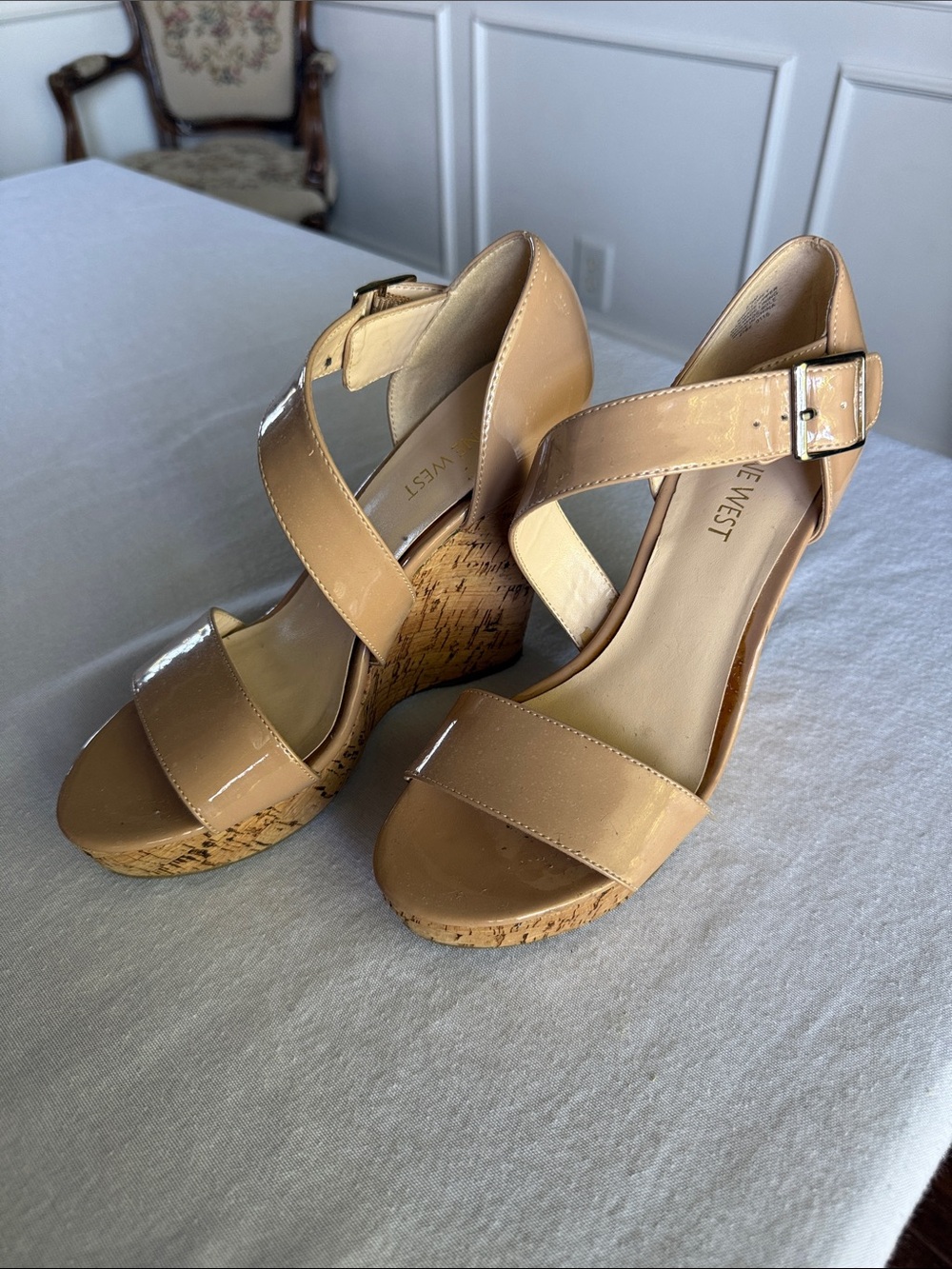 Nine West Size 6.5 Patent Beige Cork Wedges 4 inch heel